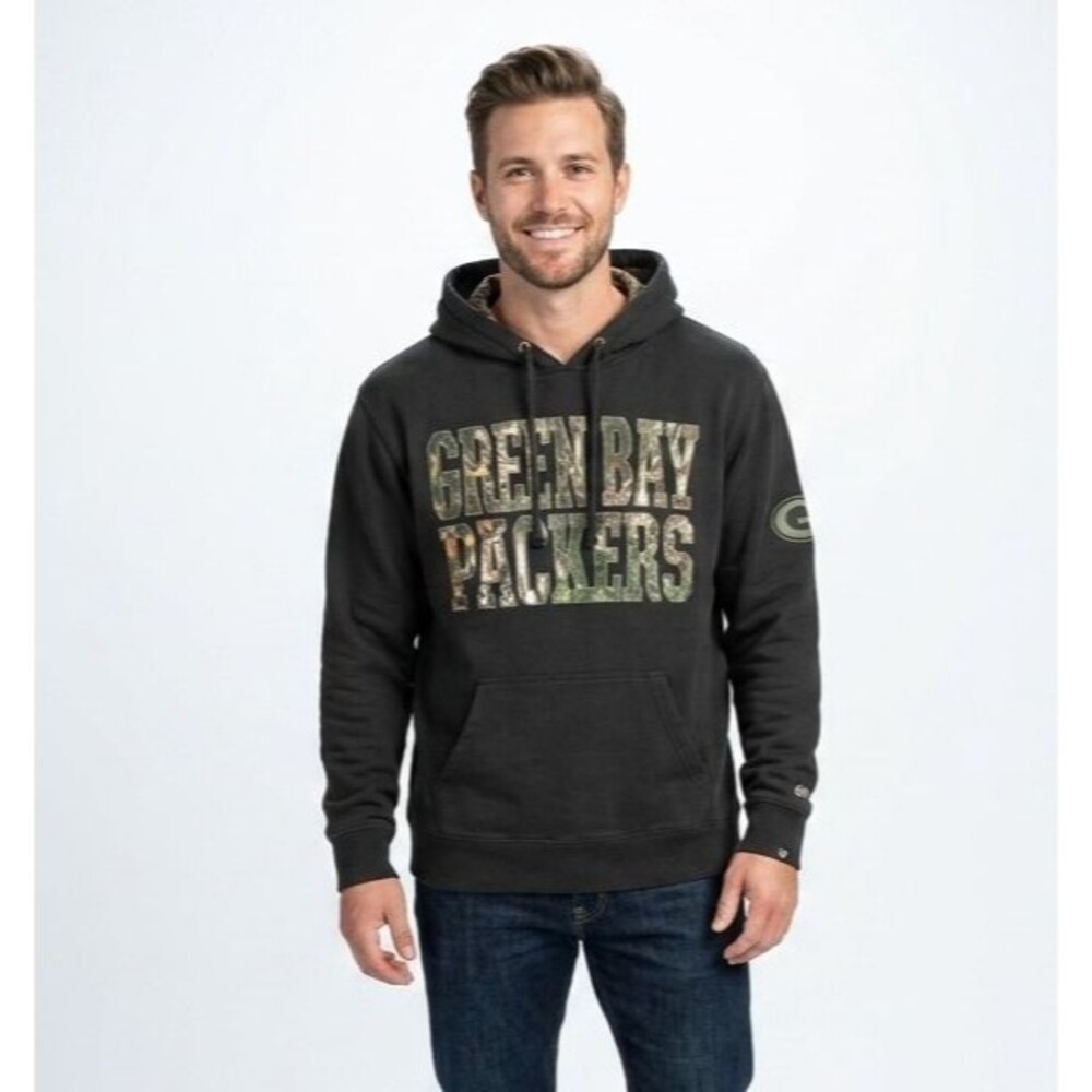 '47 Brand Green Bay Packers Camo Arch Logo Pullover Hoodie Black Mens Large